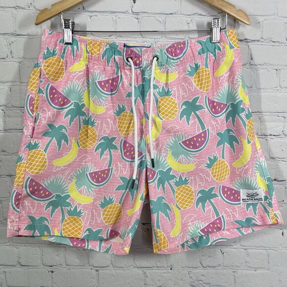 Beach Bros Surf Shop Shorts Mens Large Pink Tropical Swim Trunks Lined Brief - Picture 1 of 12
